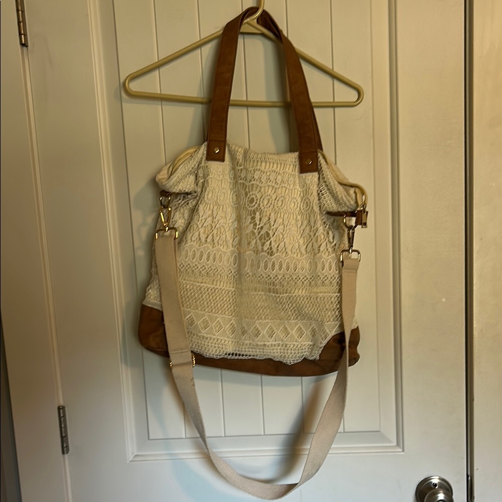 Merona White and Brown Bohemian Tote Bag with Leather Accents